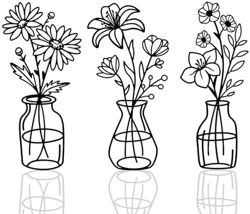 OYEFLY 3 Pieces Metal Flowers Wall Arts,Black Metal Vase Wall Art,Rustic Farmhouse Decor (Black)