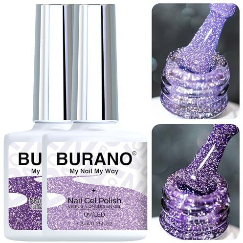 BURANO Reflective UV Glitzer Nagellack, Lila Nagel Gel Glitzer UV Lack, 7.3ml 2 Flaschen Glitzer Gel Nägel Nagellack Holographisch Nail Gel Polish Curing Need S9 S14