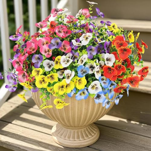 TYL&TYS 12 Bundles Artificial Flowers Outdoor UV Resistant Pansy Silk Flowers Fake Flowers No Fade Faux Plants for Outdoor & Indoor Garden Windowsill Home Decor (Multicolor)