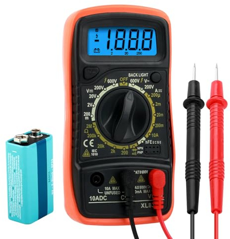 Multimeter Tester, Digital Multi Tester Voltmeter Ammeter Ohmmeter AC DC Voltage Current Resistance Diode Transistor, Electrical Continuity Teste with Test Leads and Backlight LCD Display