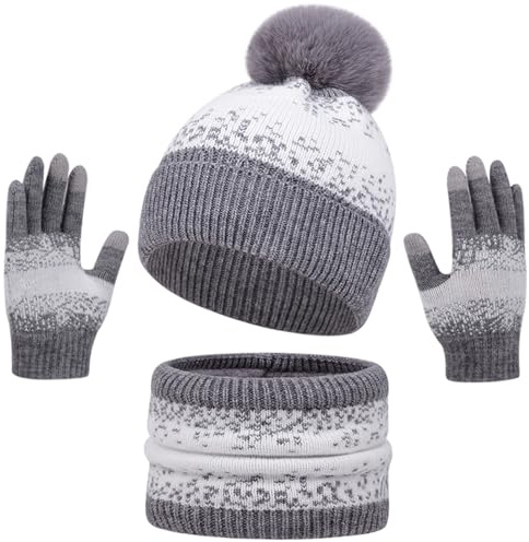 Yaopelky kvinnor mössa hatt hals damask handskar set vinter varm pekskärm handskar fleece fodrad halsduk hatt med pom pom för vuxen, Grått, one size