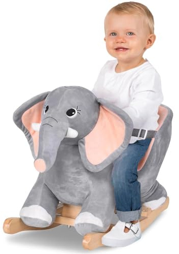 Bakaji Elefante a Dondolo Cavalcabile Peluche Giocattolo per Bambini con Effetti Sonori Maniglie e Cintura di Sicurezza (Elephant)