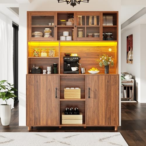 Oslghy Alacena de Cocina Alto, Armario Cocina Alto con LED, Mueble Aparador Comedor Salon con Estantes Ajustables, Modern Mueble Auxiliar de Salon con Puertas (Walnut Brown)
