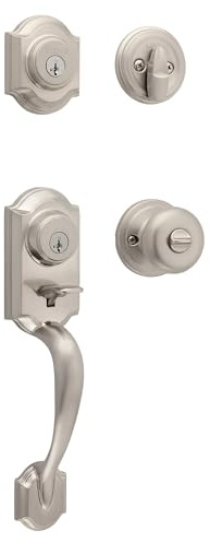 Kwikset Montara Front Door Lock Handle and Deadbolt Set, Entry Handleset Exterior with Interior Door Knob, Satin Nickel, Pick Resistant SmartKey Rekey Deadbolt Security