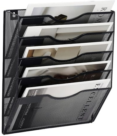 EASEPRES 5 Pocket Mesh Hanging Wall File Organizer, Wall Mounted Mail Paper Document Folder Holder, Clipboard Storage Organization Magazine Rack with Nametag Label for Office Home School, Black