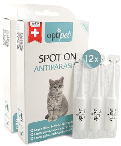 OptiPet Spot On Pipetten für Katzen 12x1ml - Hochwirksame Tropfen gegen Milben, Flöhe, Zecken & Läuse - Parasiten Abwehr Schutz bis zu 12 Monaten - Flohschutz, Zeckenschutz, Zeckenmittel für Katzen