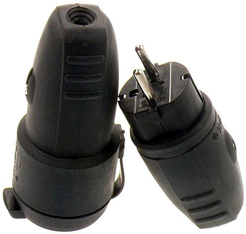 SET Schuko Stecker + Kupplung Gummistecker + Gummikupplung Schutzkontakt Spritzwasserschutz IP44 3P 16A schwarz