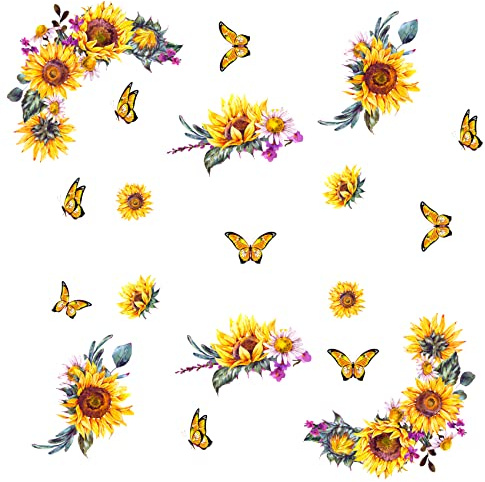 Adesivi da parete con girasole ad acquerello, adesivi da parete creativi 3D con fiori gialli, adesivi da parete con fiori di sole e farfalle, TV, decorazione artistica da parete
