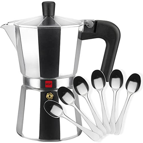 MAGEFESA Kenia - Cafetera Italiana 9 Tazas + 6 Cucharillas Moka, 450ml, Manejo Cómodo, Aluminio Esmaltado, Todas las Cocinas, NO APTA PARA INDUCCIÓN