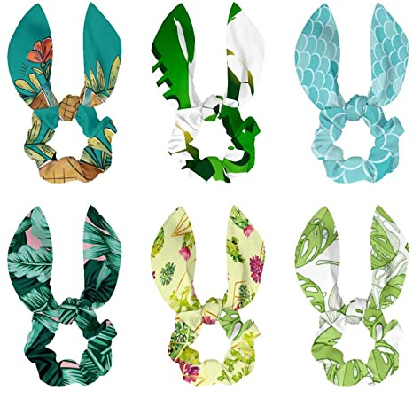 6Pcs Hair Scrunchies Bowknot Elastics Hair Bands Scrunchy Hair Rope Ties Hair Bow Ponytail Holder Accessories for Women Girls Kids, Green Jungle Palm Leaves Pattern
