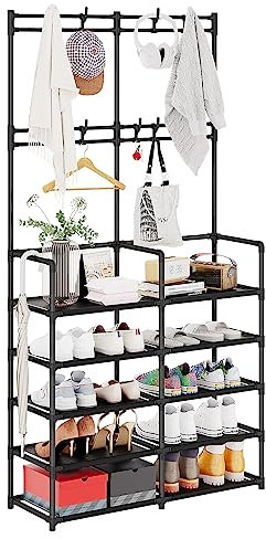 UDEAR 5-Tier Coat and Shoe Rack, Entryway Coat Rack with 8 Hooks, Double Row Shoes Organizer for Living Room, Bedroom, Office, Black