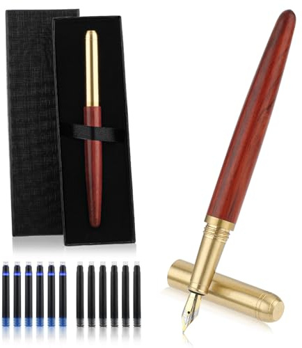 cobee Set di penne stilografiche in legno fatte a mano, penna stilografica vintage di lusso in legno, punta fine da 0,5 mm, penna per scrittura liscia, con 12 cartucce di inchiostro da 2,6 mm e