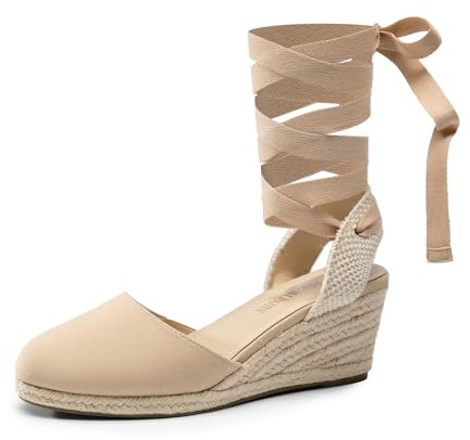 DREAM PAIRS Womens Espadrilles Dressy Platform Sandals Slip on Elastic Ankle Strap Wedges Sandals,Size 6,Nude-Canvas,SDPW2405W