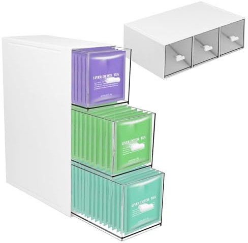 Sayudar Teebox mit 3 Schubladen, Teebox zum Sortieren der Verschiedenen Teebeutel, Teebeutelboxen aus Kunststoff, Teeboxen Durchsichtig für Teebeutel, Aufbewahrungsbox für Teebeutel Süßstoff
