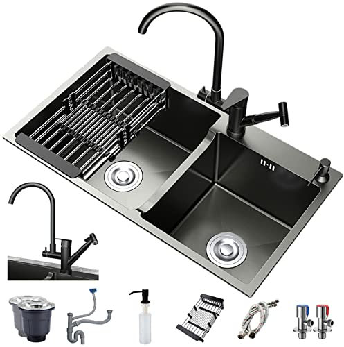 Küchenspüle Doppelbecken-Set 75 x 41 cm, schwarzes Edelstahl-Küchenspüle, 8-teiliges Set, komplettes Zubehör, verdicktes handgefertigtes Doppelwaschbecken mit Abfluss-Set (D)/E/8