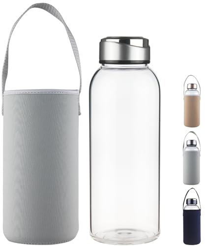 SHOW INGENUITY 1500ml Borosilicate Glass Water Bottle BPA Free Reusable Glass Drinking Bottle with Neoprene Sleeve and Stainless Steel Lid