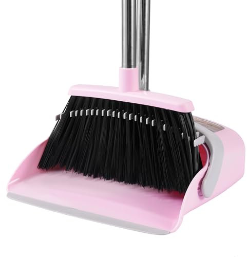BSKLIN Broom and Dustpan Set, 54” Long Adjustable Handle Broom with Dustpan Combo Set Heavy Duty with Dust Pan Teeth to Clean Hair for Home Lobby Office (Medium Pink)