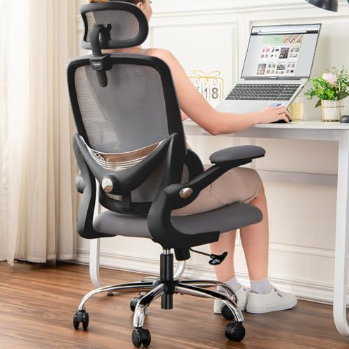 TONFARY Ergonomischer Bürostuhl für Zuhause, hoher Netzrücken, mit Verstellbarer Lendenstütze, klappbare Armlehnen, abnehmbares Kopfstütze, drehbarer Gaming-Stuhl, platzsparend, 150KG (Schwarz+Grau)