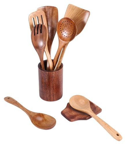 omolly 9 Pcs Teak Wooden Kitchen Utensils Set, Non-Stick Wooden Spoon Cooking Utensils with Spoon Rest & Utensils Holder, Wooden Spatula Cookware Set for Cooking Kitchen