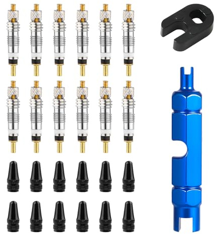 12pcs Noyaux de Valve sans Chambre à Air pour Vélo avec 12 Bouchons de Valve et 1 Clé de Démontage et 1 Outil de Démontage de Noyau de Valve en Alliage pour Presta