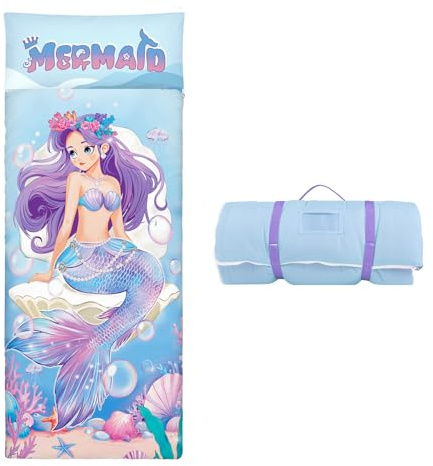 Sac de Couchage Chaud pour Enfants avec Oreiller Amovible, Tapis de Sieste Pliable pour Filles et Garçons, Couverture de Sieste avec Double Fermeture Eclair pour Camping Ecole Garderie,Sirène Violette