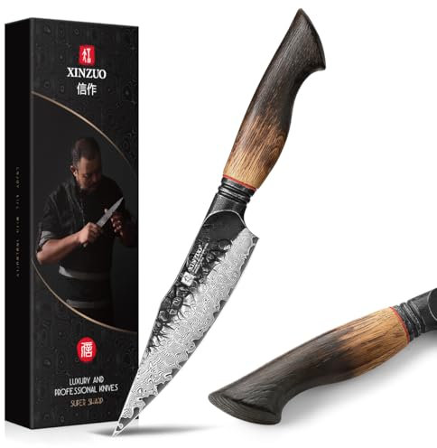 XINZUO 14,1cm Coltello Universale da Cucina -67 Strati in Acciaio Damasco Coltello Multiuso -Tagliente Professionale Forgiata Spelucchino 10Cr15CoMoV Acciaio -Manico in Rovere Bianco e G10 Rosso