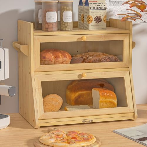 Yvsevnr Porta pane Legno Contenitore per il Pane in Bambù Portapane Vintage a Doppio Strato per Conservazione di Alimenti di Grande Capacità da Cucina e Panetteria 40 x 28 x 38 cm