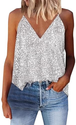 Haut Paillettes Femme Col en V- Caraco sans Manche avec Bretelles Sexy Couleur Unie Grande Taille Débardeurs Fines De Fête Gilet Fines Carnaval Ample Été Casual Camisole Banquet