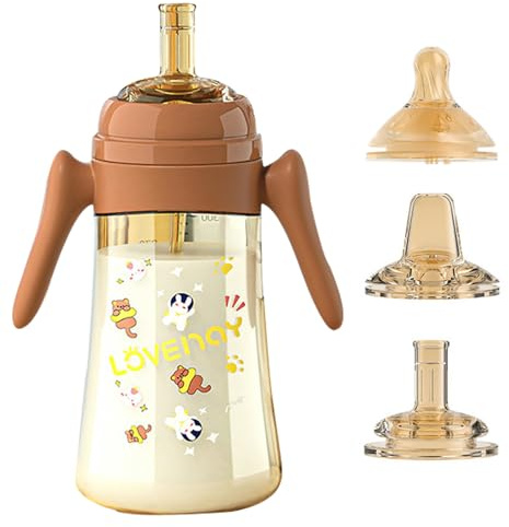 3 in 1 Transition Cup Bicchiere Antigoccia Bambini Tazza 300ml, con Cannuccia con Beccuccio Morbido Senza BPA, Tazza di Apprendimento a prova di Perdite con Manici