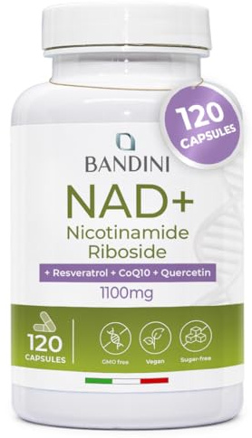 Bandini® NAD+ Liposomiale 120 Capsule Vegane | NAD con Nicotinamide Riboside Cloruro, Quercetina, Resveratrolo, Coenzima Q10 | 1100mg per dose giornaliera | Anti-Age, Energia Cellulare, No OGM, Vegan