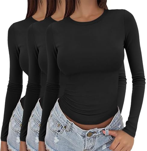 Lot de 3 t-shirts à manches longues pour femme - En coton - Maillot de corps pour femme - Col rond - Classique - Coupe ajustée - Couleur unie - Pull tunique - Sous-vêtements thermiques - Haut en