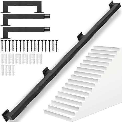 8FT/240CM Square Tube Stair Handrail, Safety Wall Mounted Hand Rails Stairs, Industrial Pipe Stair Handrail for Indoor Outdoor Step, 440lbs Load, Non-Slip Carbon Steel Grab Handle for Stairs Loft
