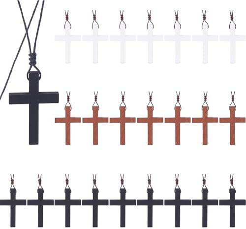 DICOSMETIC Lot de 30 colliers en bois avec cordon - Pendentif en forme de croix en bois - Grande quantité de 40 à 80 cm - Réglable - Pour hommes et femmes - Croix religieuse pour groupes d'église