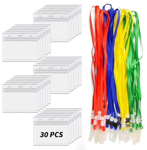 30 fundas para nombre con cinta, 10,5 x 9,0 cm, fundas para tarjetas personalizadas, transparentes, fundas para tarjetas de identificación con cordón, impermeables y transparentes, para negocios