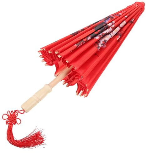 ibasenice Paraguas Clásico Pequeño de Seda Mango de Bambú, Sombrilla Decorativa para Fotografía, Carnaval y Decoración de Interiores en Tono Rojo Oscuro