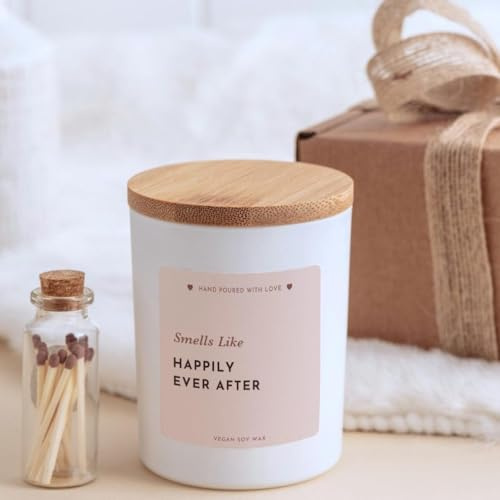 Pomchick - Wedding Gift Candle for Couple, Happily Ever After Soy Candle, Bridal Shower Present with Box and Mini Matches Jar