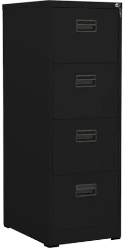 Drillkyn Armario archivador negro de acero 46 x 62 x 133 cm con 4 cajones y cerradura, armario colgante para archivador A4 legal, armario de oficina para almacenamiento seguro de documentos en el
