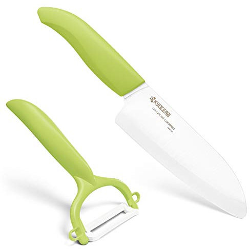Kyocera Cut & Peel Set, set di coltelli in ceramica composto da un coltello Santoku lama 14 cm e pelapatate, lama in ceramica zirconia, molata a mano, estremamente affilata, verde