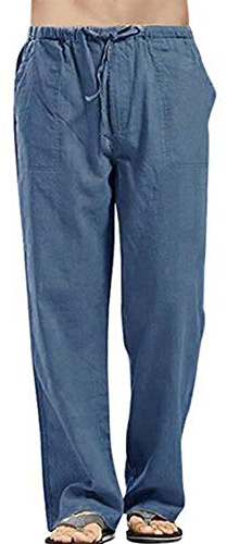 VANVENE Pantalones de lino para hombre, informales, holgados, ligeros, con cintura elástica, para verano, yoga, playa, T Azul, 5XL