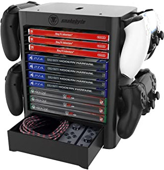 snakebyte GAMES TOWER 5 - schwarz - Universelle Aufbewahrungslösung für bis zu 10 Spiele/Blu-Ray's und 4 Controller, extra Fach für Zubehör, komp. mit PlayStation 5, PS4, Xbox Series X, Xbox One