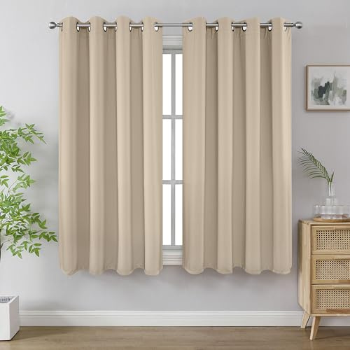 Joydeco Tende oscuranti lunghe 170 cm di lunghezza, 2 pannelli, isolate termicamente e drappeggi, 2 burg, tende oscuranti per camera da letto e finestra (150 x 170 cm, beige chiaro)