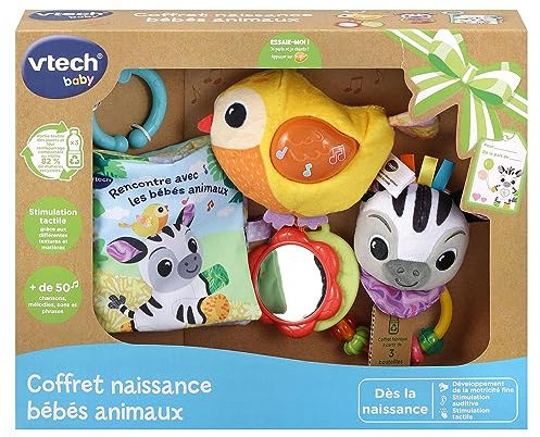 VTech - Coffret Naissance Bébés Animaux, Premiers Jouets Bébé Fabriqués avec des Matériaux Plus Durables, Oiseau Musical, Livre en Tissu, Hochet Zèbre, Cadeau Nouveau-Né - Contenu en Français