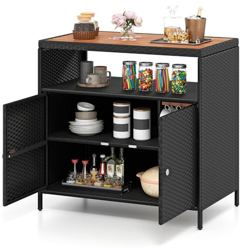 COSTWAY Armario Baja Exterior de Ratán, Armario terraza con Compartimento Abierto y Gabinete Cerrado, Aparador de Mimbre de 2 Puertas Terraza Jardin Exterior, 90 x 53 x 86 cm (Negro)