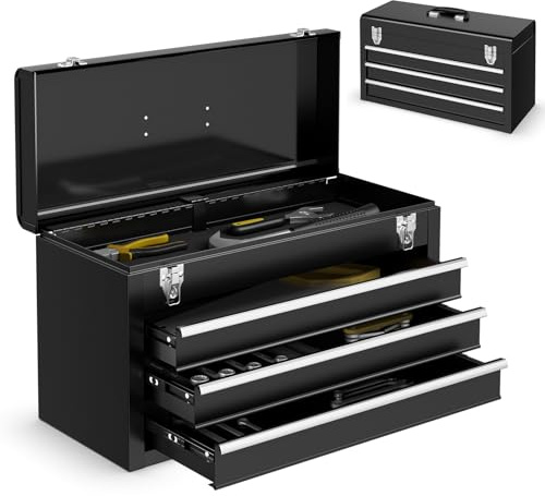 GYMAX Boîte à Outils en Métal, Caisse à Rangement d'Outils Portable avec 3 Tiroirs & Plateau Supérieur, 2 Loquets de Sécurité, Doublures en EVA, Glissières à Roulements à Billes, Poignée de Transport