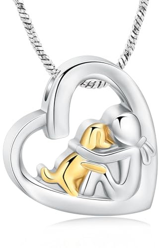 QGJNSGC Herz Halskette für Asche Edelstahl Hund Katze Andenken Einäscherung Schmuck Gedenkstätte Urne Halskette für Haustier menschliche Asche Anhänger (Hund-Silber Gold)
