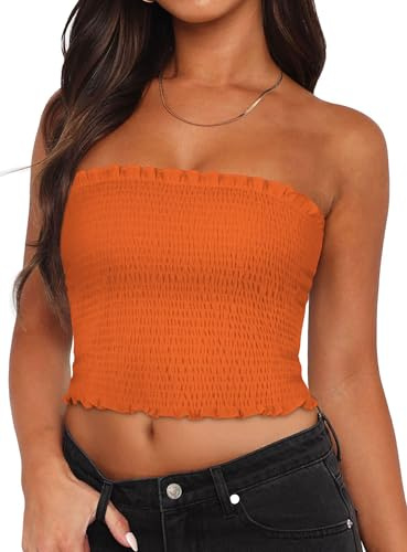 Tubes Tops d'été pour femme, dos nu, plissé, coupe ajustée, sans manches, Orange, L
