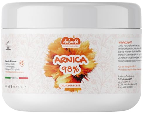 Dabadà - Arnica Gel Forte 98% | Arnica Cavalli Uso Umano Con Artiglio del Diavolo e Boswellia | Effetto Rinfrescante con Eucalipto | Assorbimento Rapido, Non Unge | Made in Italy, Ocra, 500 ml