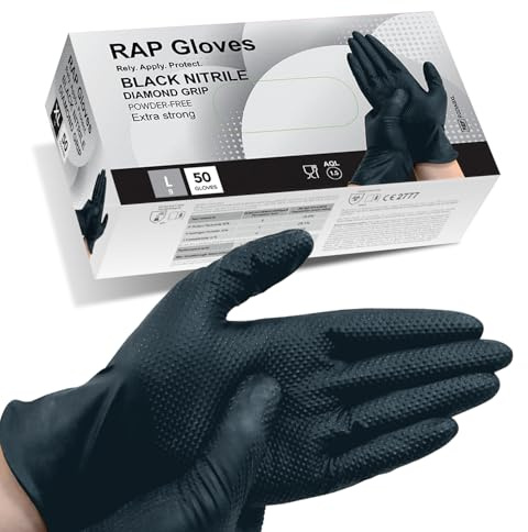 50 Black Nitrile Disposable Gloves Large Heavy duty, Diamond Grip Gloves, Latex-Free, Powder-Free, Non-slip, Extra Thick – Ideal For Mechanics, Workshop, and Automotive use.