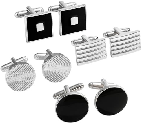 4 Pairs Cufflinks for Men, Silver Cufflinks for Men, Round and Square Enamel Cuff Links, Formal Wedding Business Gift for Grooms and Professionals