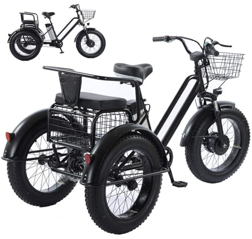 YhsPkAh Bicicleta De Carga Eléctrica con Neumáticos De 20'' De Ancho, Triciclo Eléctrico para Adultos - Capacidad De Carga: 200 Kg, Batería Extraíble De 48 V/12 Ah, Autonomía De 35 Km
